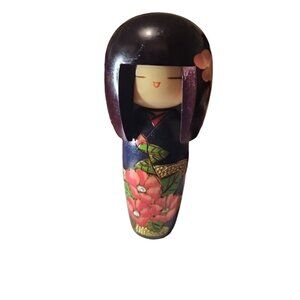 Vintage Japanese Kokeshi Doll Hand-Painted 5" Tall Smiling Geisha With Floral Ki